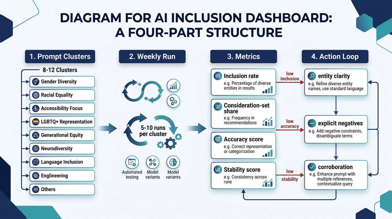The AI Inclusion Dashboard: Prompt clusters, weekly runs, and the metrics that matter