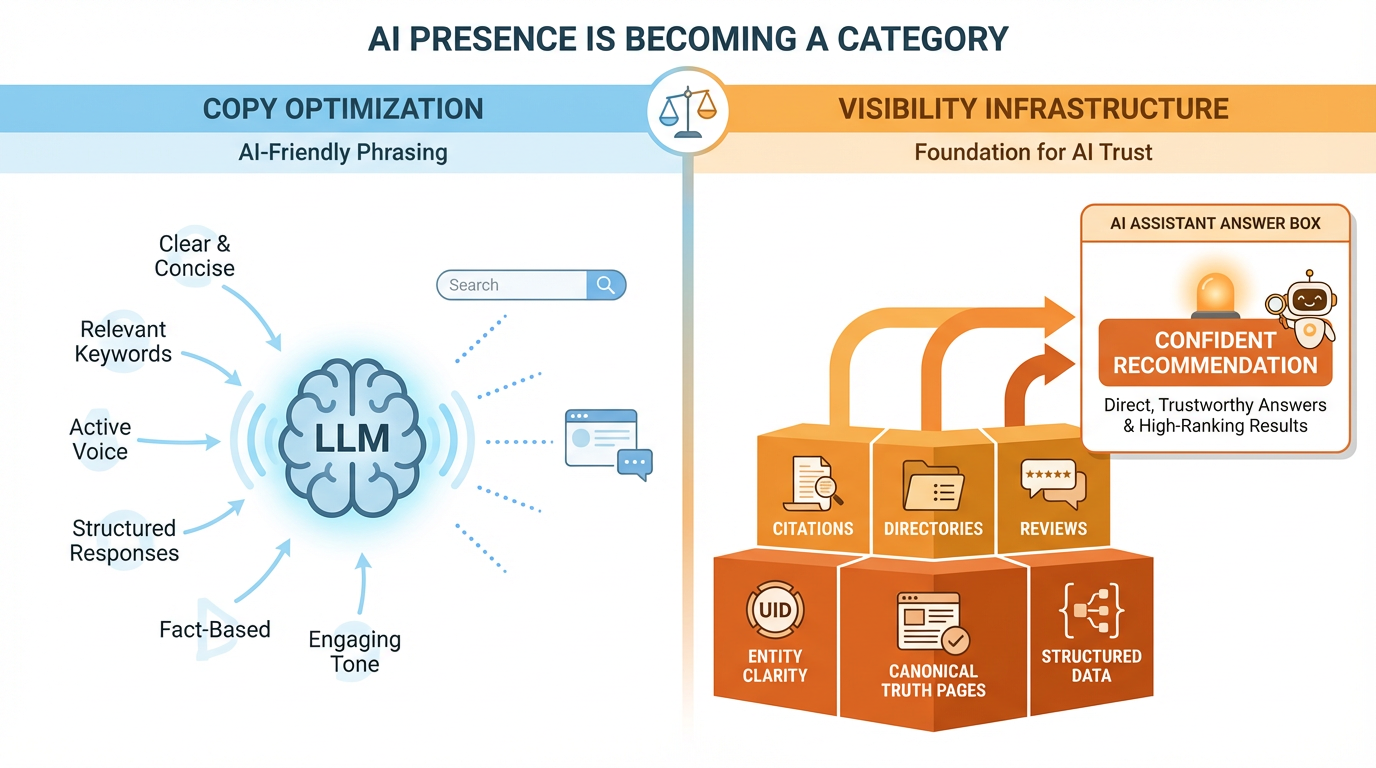 Diagram comparing copy optimization vs visibility infrastructure and how they feed confident AI recommendations