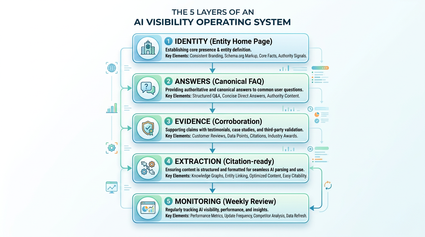 The five layers: Identity, Answers, Evidence, Extraction, Monitoring
