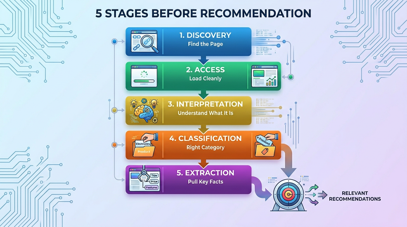 Five stages before recommendation: Discovery, Access, Interpretation, Classification, Extraction