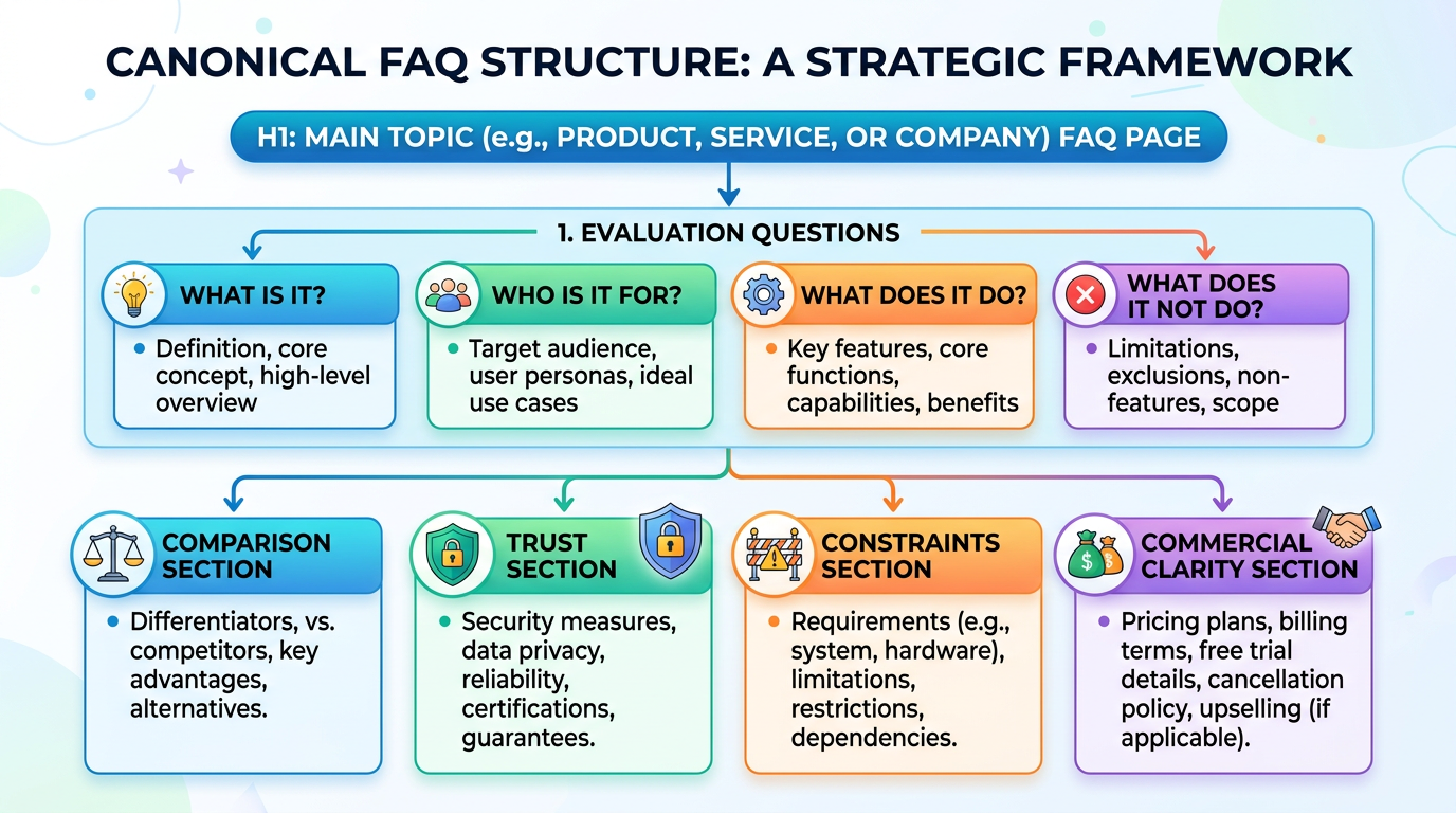 Canonical FAQ structure: evaluation questions first, headings as real questions, direct answers, explicit negatives