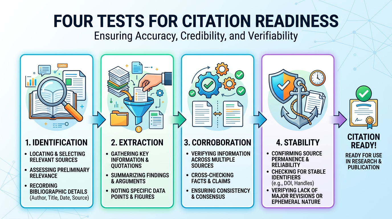 Four tests of citation readiness: identification, extraction, corroboration, stability
