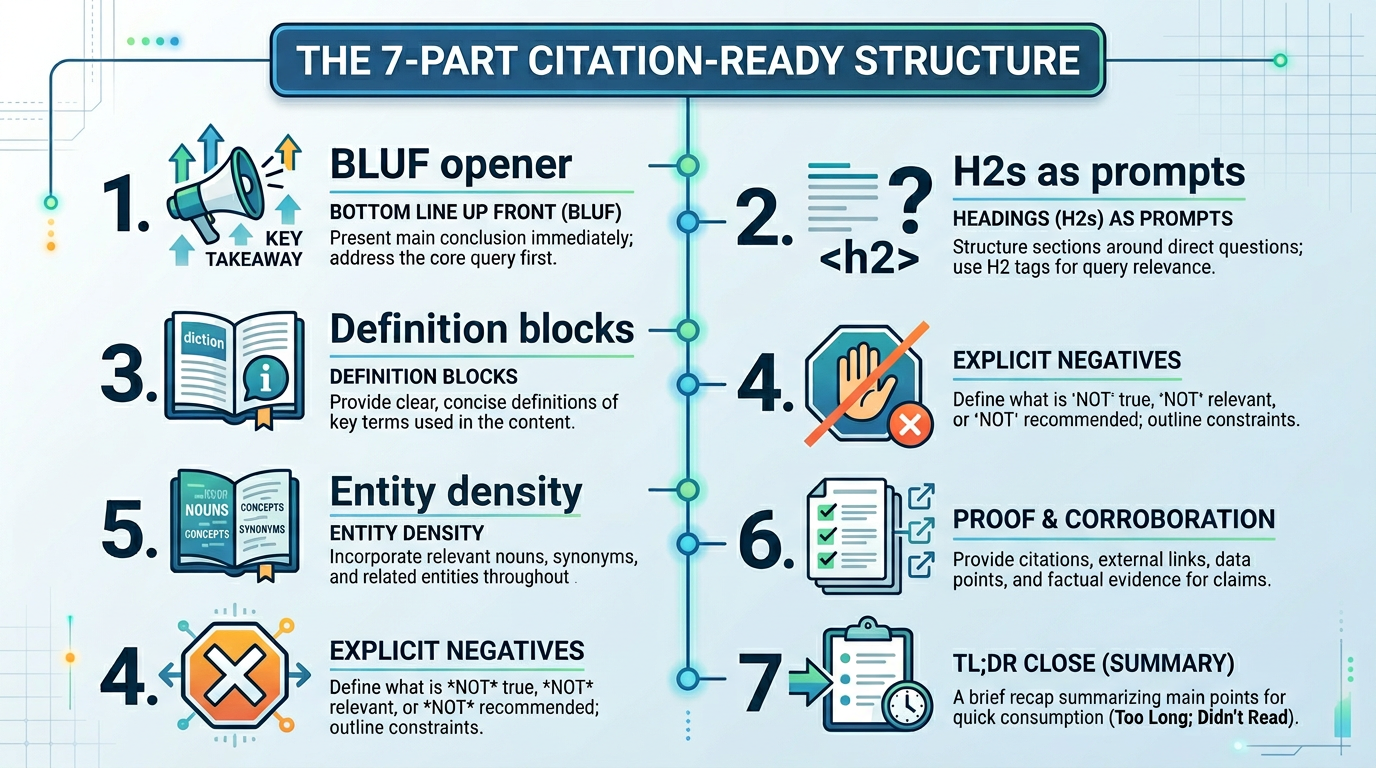 The 7-part citation-ready structure: BLUF, H2s as prompts, definitions, negatives, entity density, proof, TL;DR