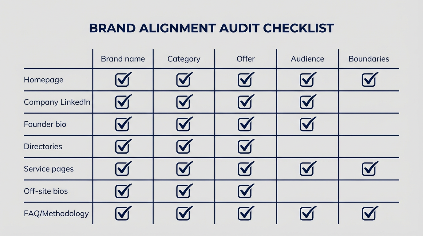 Seven-place consistency audit: align brand name, category, offer, audience, and boundaries across surfaces