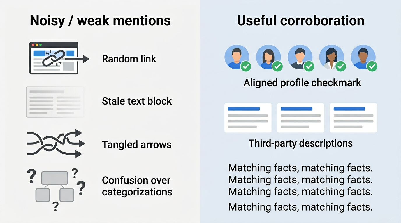 Useful corroboration vs noisy mentions: aligned profiles and repeated facts beat random links and stale copy