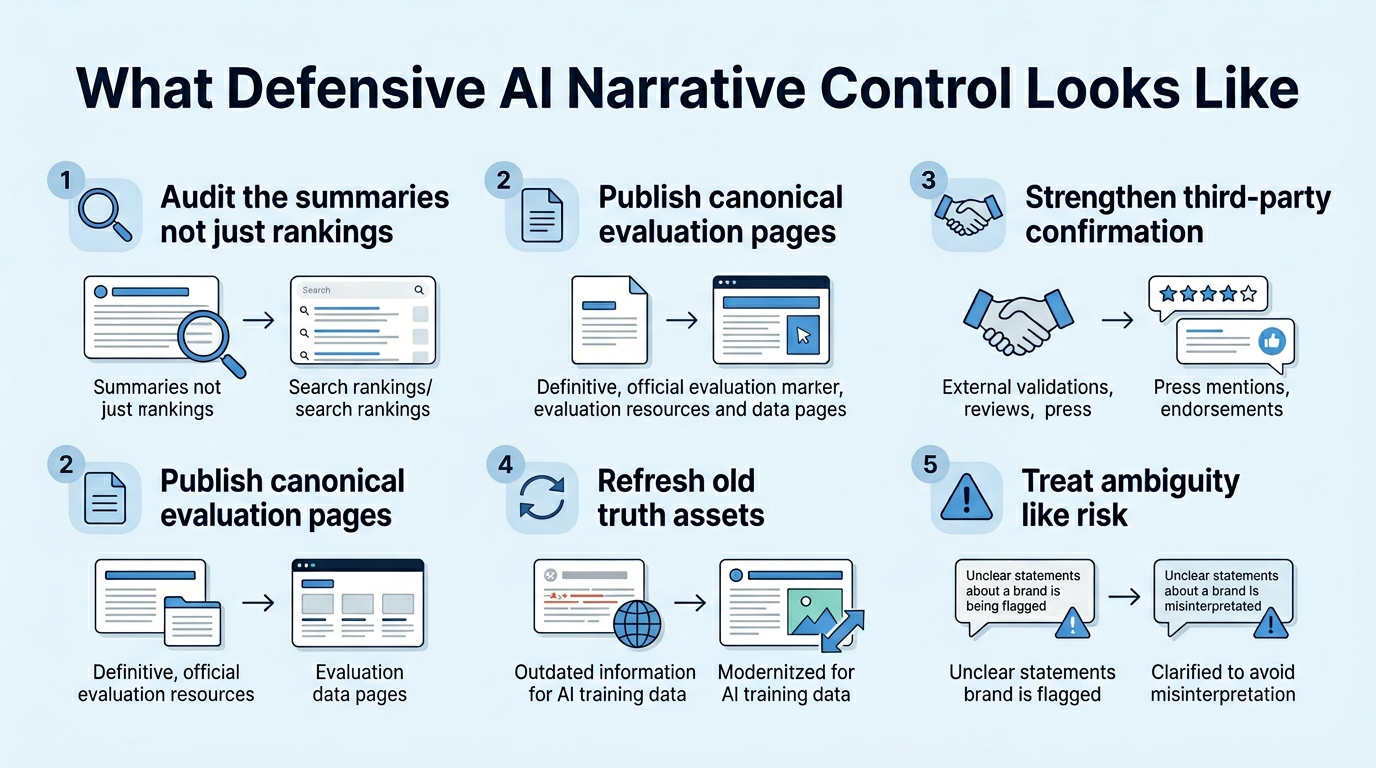 The 5 steps of defensive AI narrative control: audit summaries, publish canonical evaluation pages, refresh old truth assets, strengthen third-party confirmation, treat ambiguity like risk