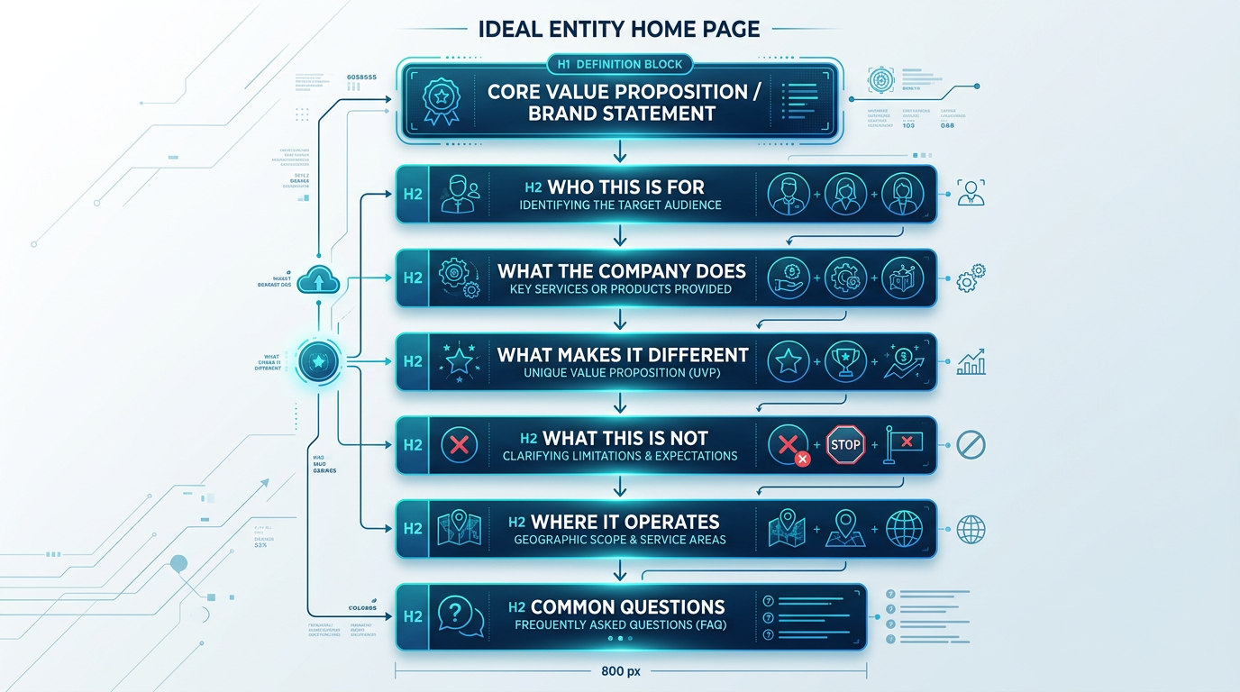 Entity Home Page structure: definition block, who it's for, what it does, what it's not, geography, contrasts