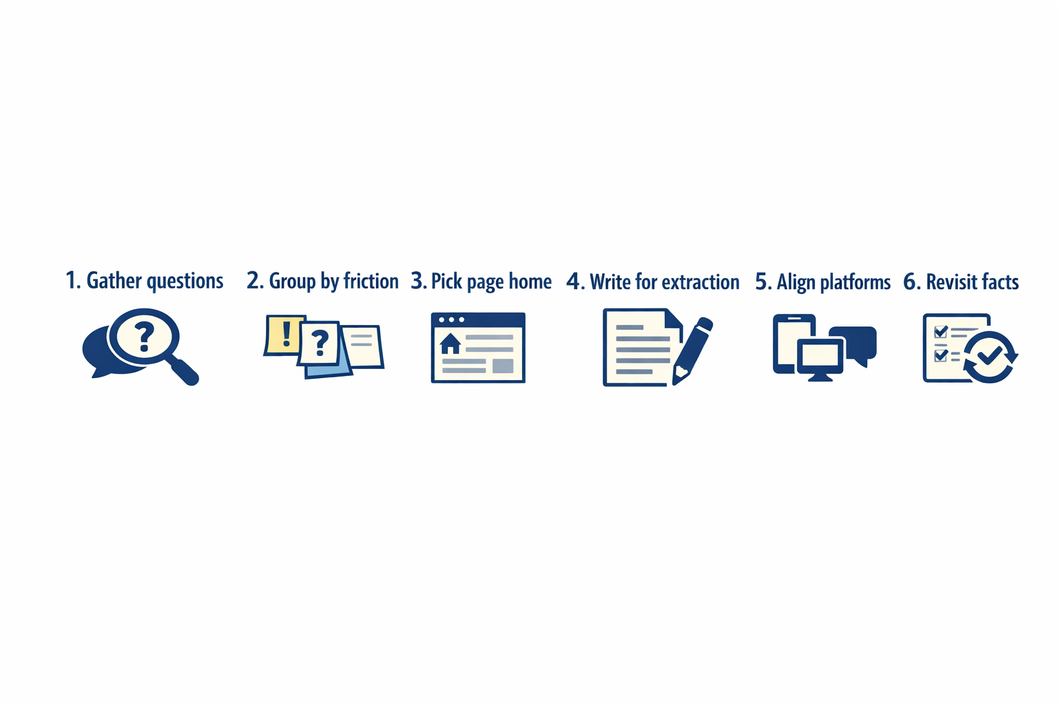 Six-step FAQ workflow: gather questions, group by friction, choose page home, write for extraction, align platforms, revisit facts