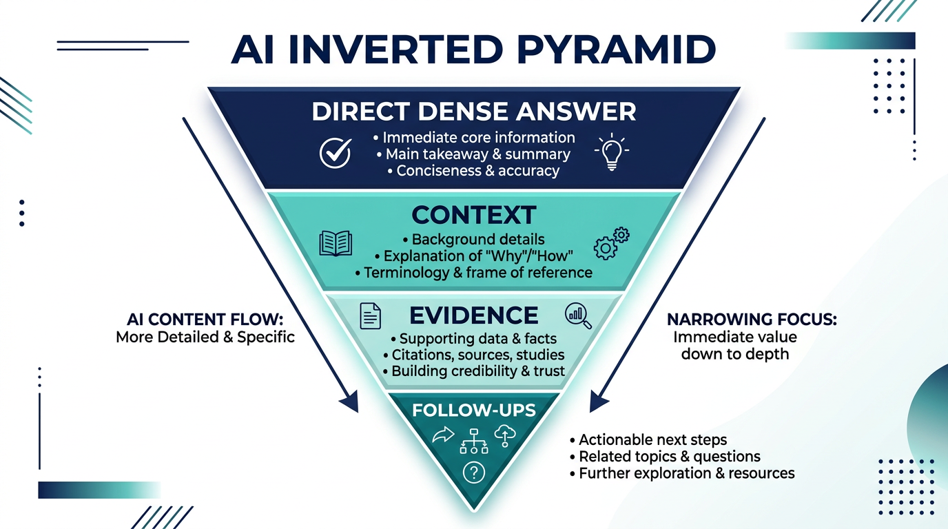 AI inverted pyramid: direct answer first, then context, evidence, and follow-ups