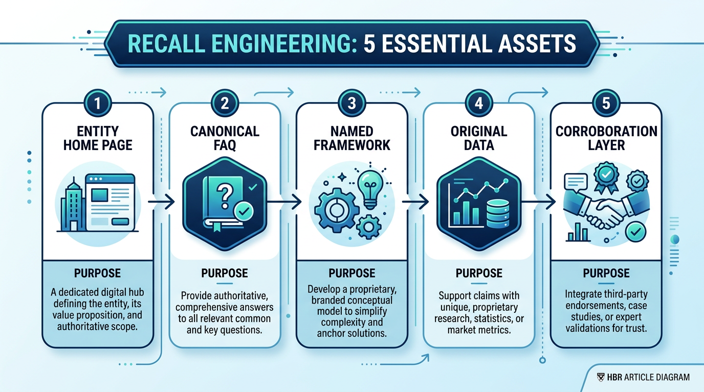 The 5 Recall Engineering Assets: Entity Home, FAQ, Named Framework, Original Data, Corroboration