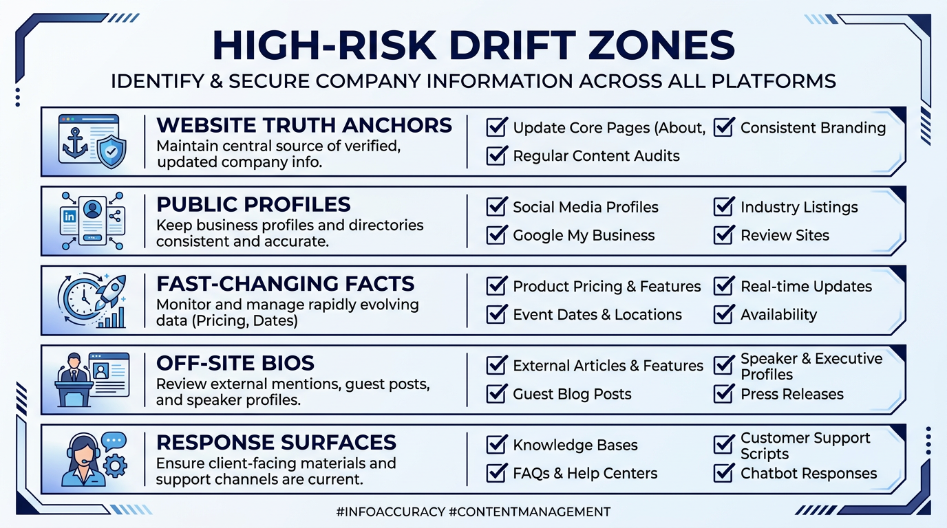 Five zones to align first: website truth anchors, public profiles, fast-changing facts, off-site bios, response surfaces
