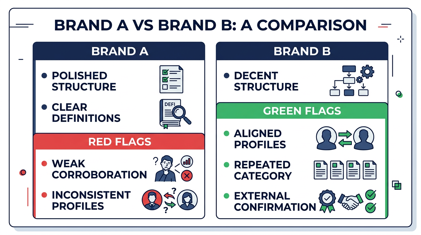 Brand A vs Brand B: machine-readable structure vs corroboration and aligned public evidence