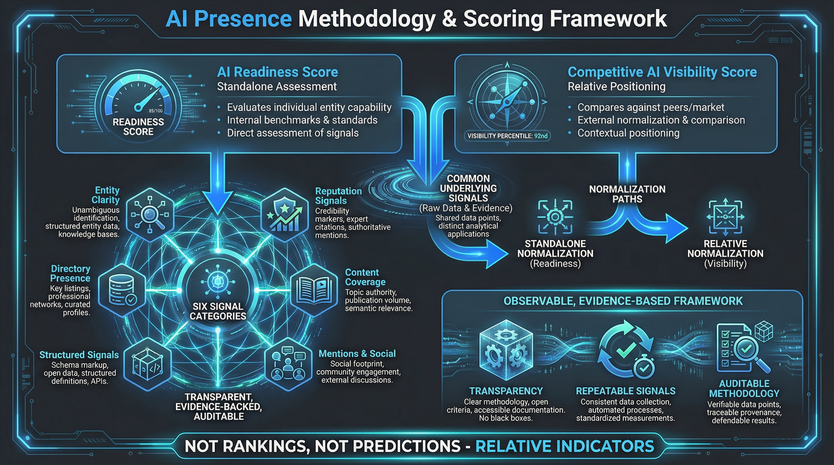 AI Presence Methodology & Scoring Framework: Two score types (AI Readiness and Competitive Visibility), six signal categories, and evidence-based evaluation approach