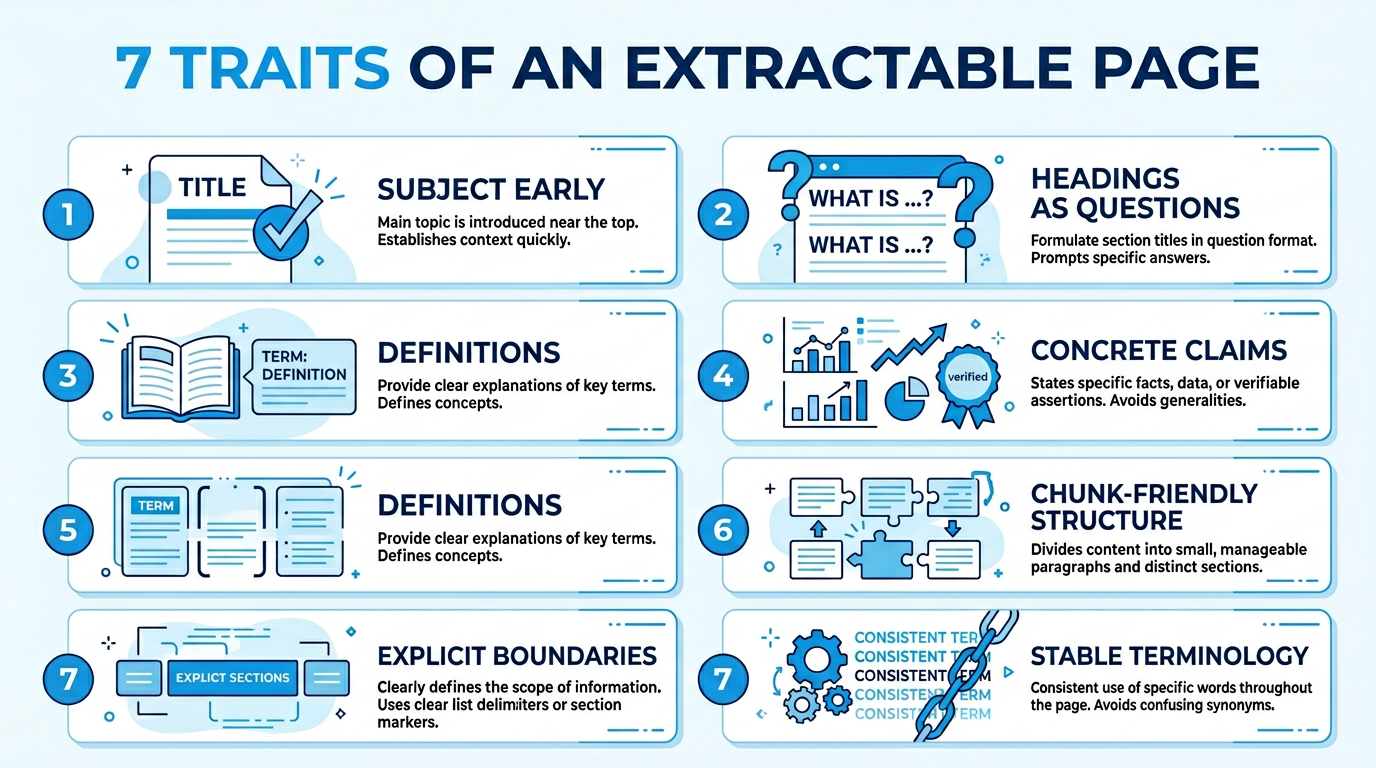 Seven traits of an extractable page: subject early, prompt-like headings, definitions, concrete claims, boundaries, chunk-friendly structure, stable terminology