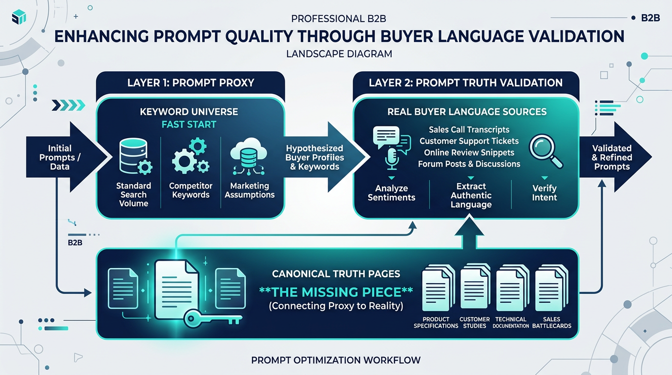 Prompt Proxy vs Prompt Truth: Layer 1 (keyword universe) and Layer 2 (real buyer language) plus canonical truth pages