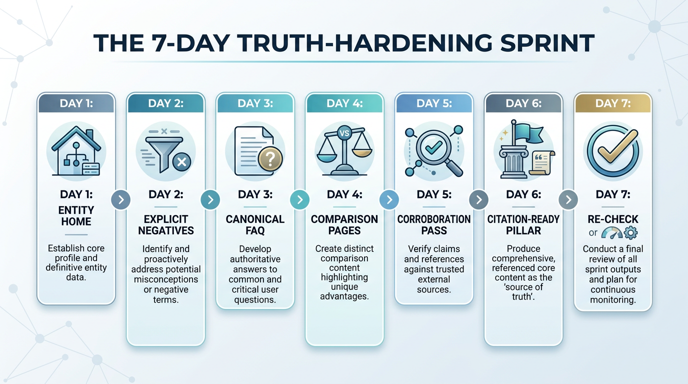 The 7-Day Truth-Hardening Sprint: a day-by-day plan to publish Entity Home, Explicit Negatives, FAQ, comparison pages, corroboration, and citation-ready pillars
