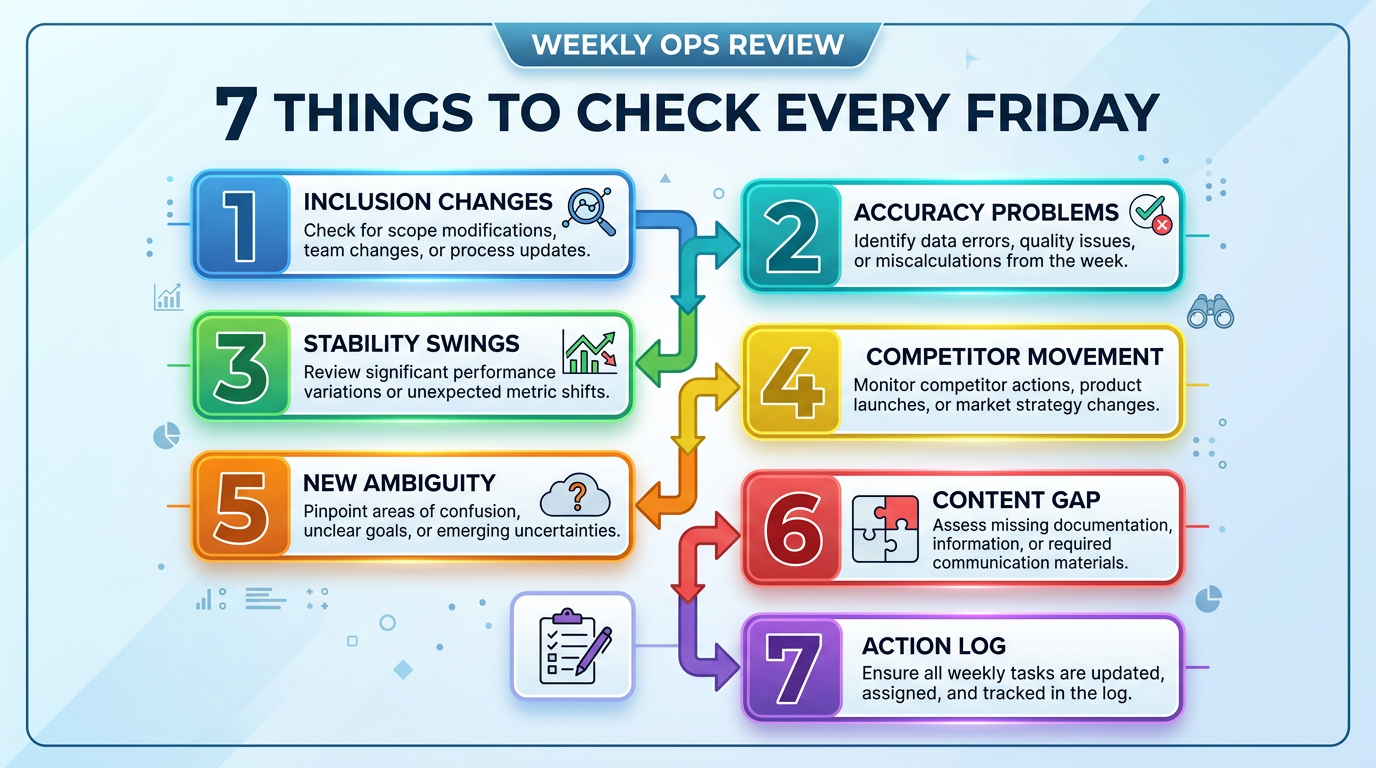 Weekly AI Visibility Review: 7 checks—inclusion, accuracy, stability, competitors, ambiguity, content gap, action log